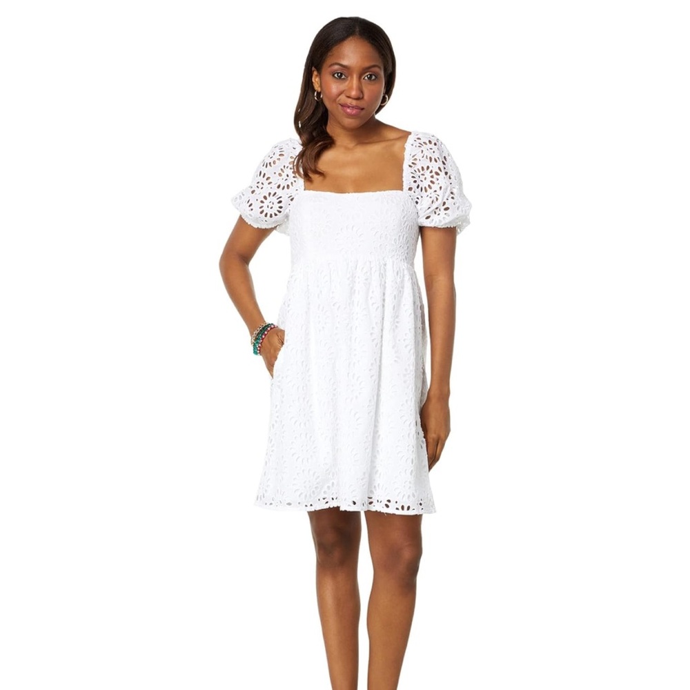 Lilly Pulitzer White Eyelet Puff-Sleeve Square-Neck Dress